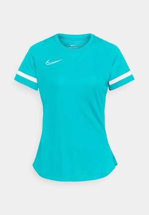 Türkisfarbenes Sportshirt mit kurzen Ärmeln, weißen Streifen an den Ärmeln und einem weißen Nike-Logo auf der Brust.