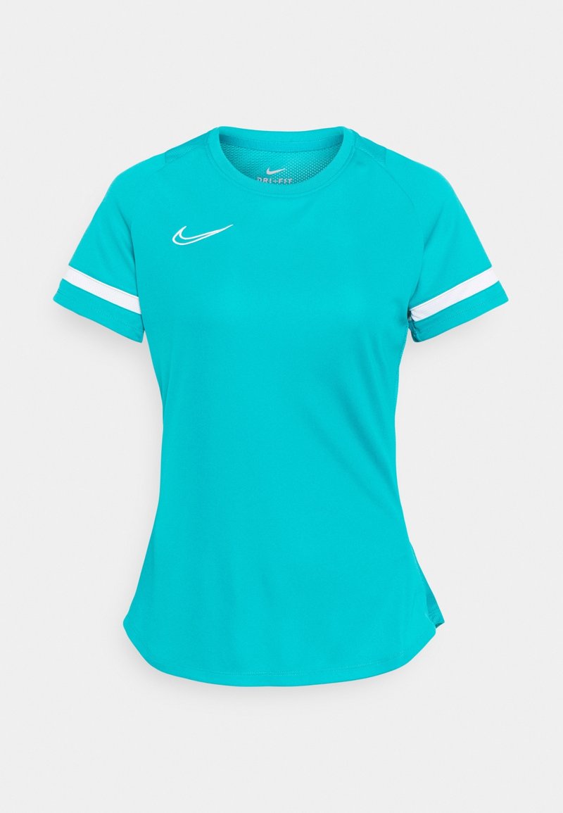 T-shirt de sport turquoise à manches courtes avec des bandes blanches sur les manches et un logo Nike blanc sur la poitrine.