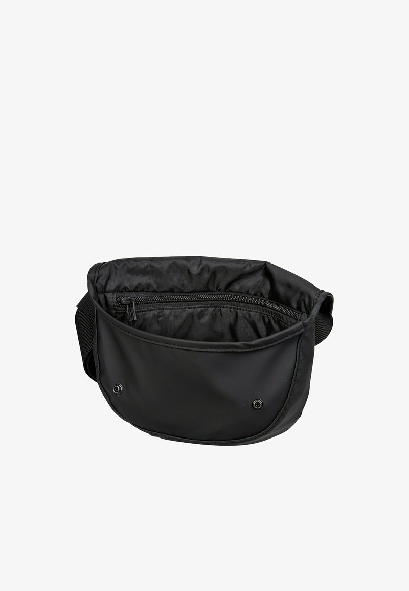 Black fabric waist bag with an open top zipper compartment and snap button front pocket on a white background.