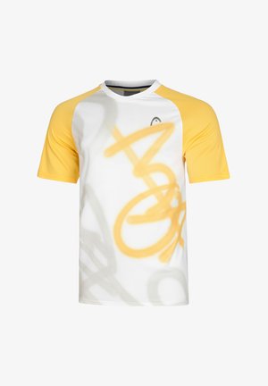 Kurzem Sportshirt mit weißem Körper, gelben Raglanärmeln und abstrakten gelben Grafiken. Hergestellt aus einem strukturierten, atmungsaktiven Stoff.