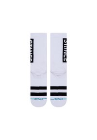 White socks featuring black "STANCE" logo and horizontal black stripes. Includes blue accents on the cuff. Made of a soft textile material.