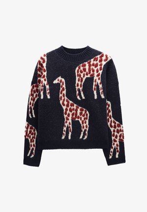 Granatowy sweter z okrągłym dekoltem, z teksturowanym wzorem w czerwone i białe żyrafy. Miękka, dziana tkanina z prążkowanymi mankietami i dołem.