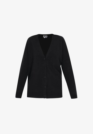 Zwarte cardigan met een V-hals, lange mouwen en zes frontknopen. Gemaakt van zachte stof met ribgebreide manchetten en zoomafwerking.