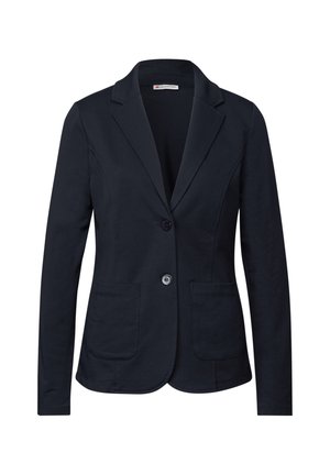 Blazer marine en coton mélangé, doté d'un col cranté, d'une fermeture à un bouton et de deux poches frontales. Texture lisse.