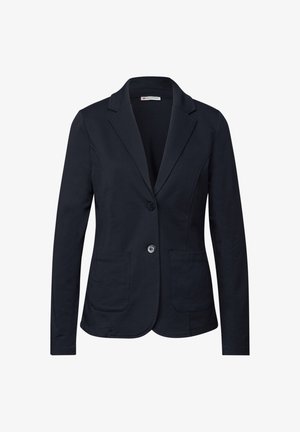 Marine blazer lavet af blanded bomuldsstof, med en spids krave, enkelt knaplukning og to forlommer. Glat tekstur.