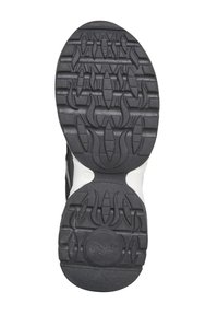 Semelle de chaussure en caoutchouc noir avec motif de bande de roulement texturé en forme de flammes et logo "Rafele" dans une zone circulaire près du talon.