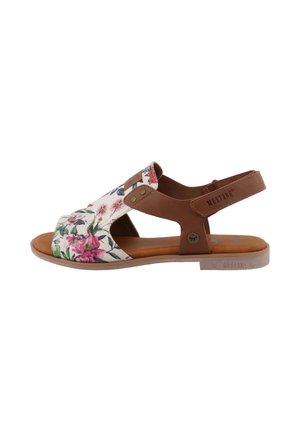 Sandalo stampato con motivi floreali, con cinturino in pelle marrone, punta aperta e supporto posteriore. Soletta testurizzata e suola resistente con dettagli del marchio.