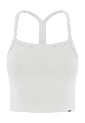 Hvid cropped tanktop med tynde skulderstropper og Y-formet rygdesign, lavet af ribbet stof med et lille logotag.