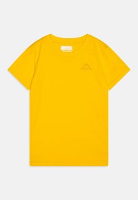 Κίτρινο βαμβακερό t-shirt με στρογγυλή λαιμόκοψη, κοντά μανίκια και ένα μικρό κεντημένο λογότυπο σε αντίθετη απόχρωση στο αριστερό στήθος.