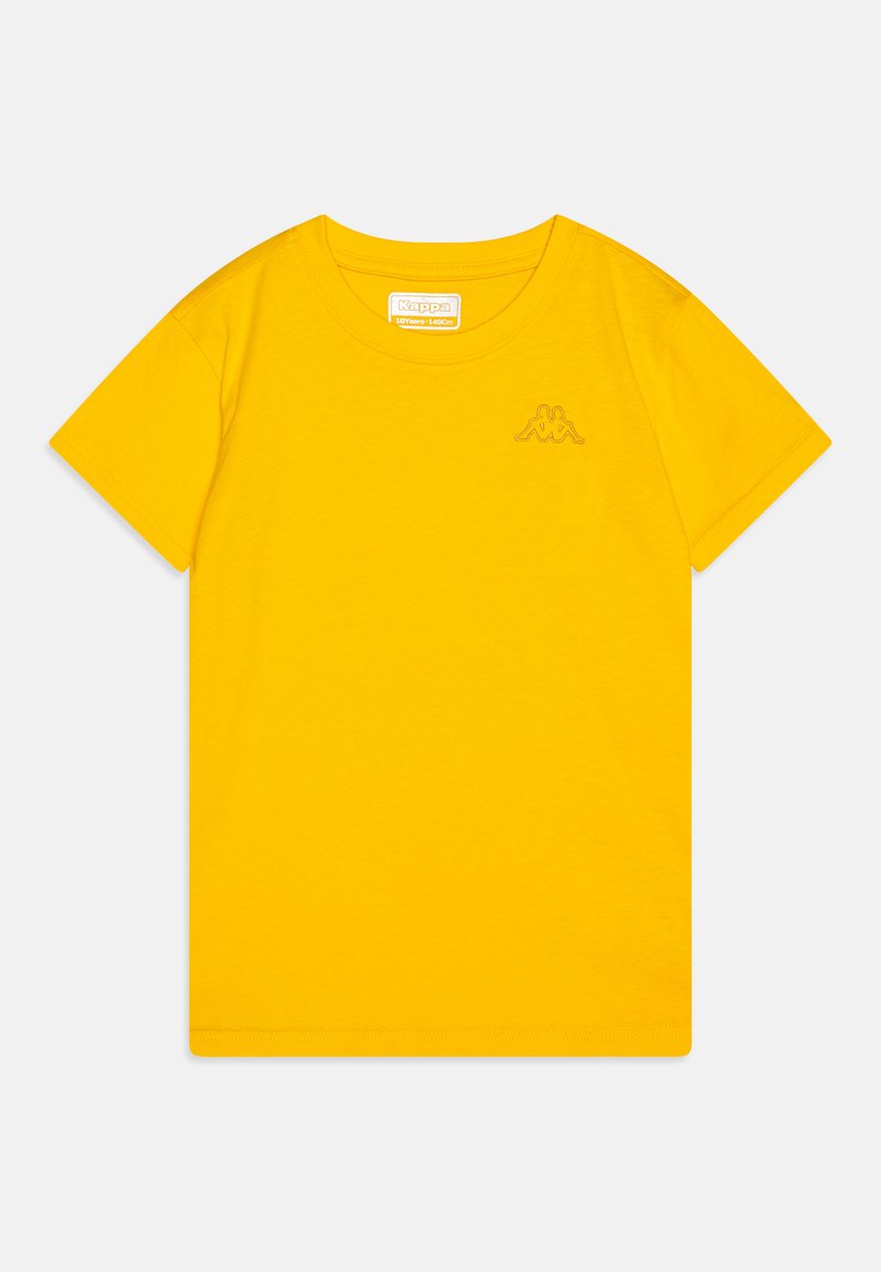 Κίτρινο βαμβακερό t-shirt με στρογγυλή λαιμόκοψη, κοντά μανίκια και ένα μικρό κεντημένο λογότυπο σε αντίθετη απόχρωση στο αριστερό στήθος.