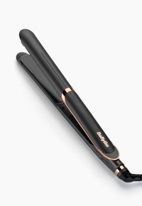 Lisseur à cheveux noir avec des accents dorés rose, plaques en céramique plates et un design épuré. Il présente un bord incurvé et un logo de marque bien en vue.