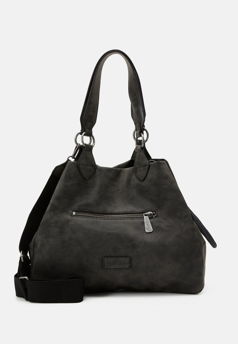 Černá texturovaná taška přes rameno s dvěma krátkými uchy a odnímatelným ramenním popruhem. Obsahuje přední zipovou kapsu a stříbrné detaily.