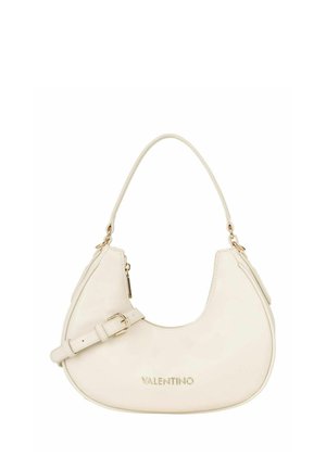 Sac à main en cuir crème de forme courbée avec une bandoulière unique. Dispose de ferrures dorées et d'une fermeture éclair, embossé du nom "VALENTINO".