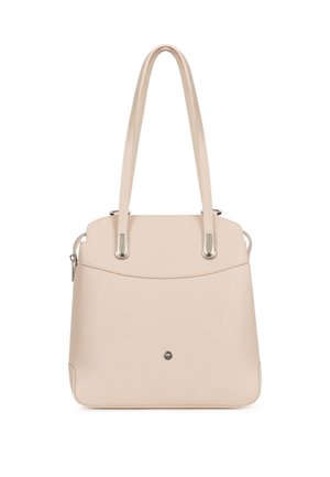 Sac à main en cuir beige avec de longues poignées doubles, coins arrondis et un petit bouton rond en métal sur le devant.