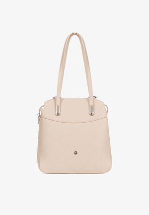 Sac à main en cuir beige avec de longues poignées doubles, coins arrondis et un petit bouton rond en métal sur le devant.