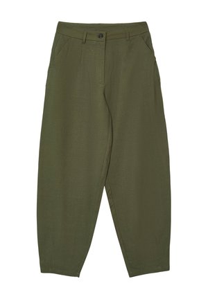 Olivgrüne Hose mit entspannter Passform, ausgestattet mit einem Knopfverschluss, seitlichen Taschen und strukturiertem Stoff. Keine sichtbaren Muster oder Akzente.