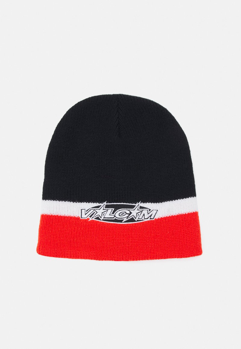 Black and red knitted beanie with white horizontal stripes and a logo featuring the word "VULC" in an outlined starburst design.