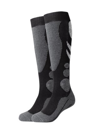 Kniestrümpfe in Schwarz und Grau mit einem gemusterten Design, das hellgraue Akzente und eine strukturierte Oberfläche im Fußbereich aufweist.