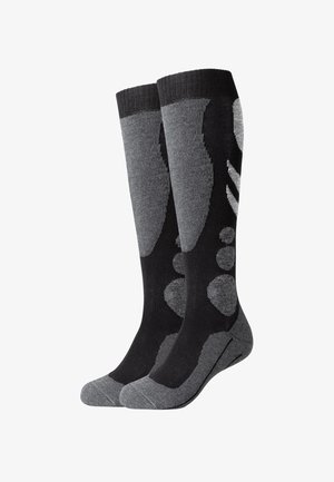 Kniestrümpfe in Schwarz und Grau mit einem gemusterten Design, das hellgraue Akzente und eine strukturierte Oberfläche im Fußbereich aufweist.