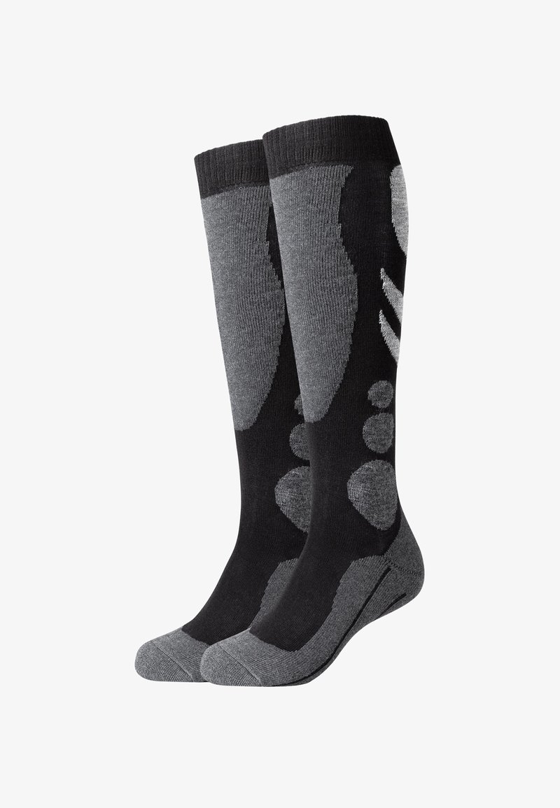 Calze alte fino al ginocchio in nero e grigio con un design pattern che presenta accenti grigio chiaro e una finitura texturizzata nella zona del piede.