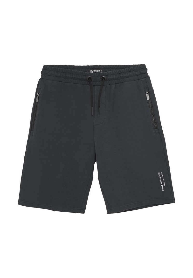 Shorts gris foncé avec une taille élastique et un cordon de serrage. Comprend deux poches latérales zippées et un détail en texte sur le bas à gauche.