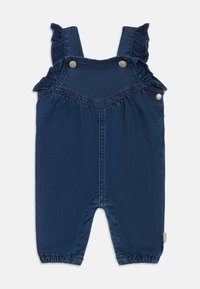 Salopette di denim blu navy con spalline arricciate, dettagli in metallo sui bottoni e aperture elasticizzate sulle gambe per una vestibilità comoda.
