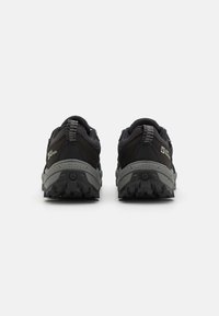 Black hiking shoes with a mesh upper and gray rubber soles, featuring textured heels and a reinforced toe cap for durability.