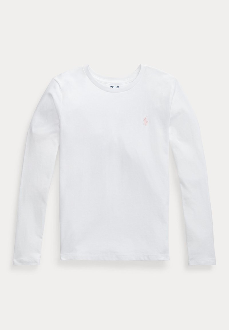 Prosty biały longsleeve z okrągłym dekoltem i małym jasno różowym logo na lewej piersi.