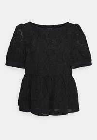 Czarny krótki top z rękawami, ozdobiony koronkowym wzorem w kwiaty, okrągłym dekoltem i rozkloszowanym fasonem peplum. Miękka faktura z przezroczystymi bufkami na rękawach.