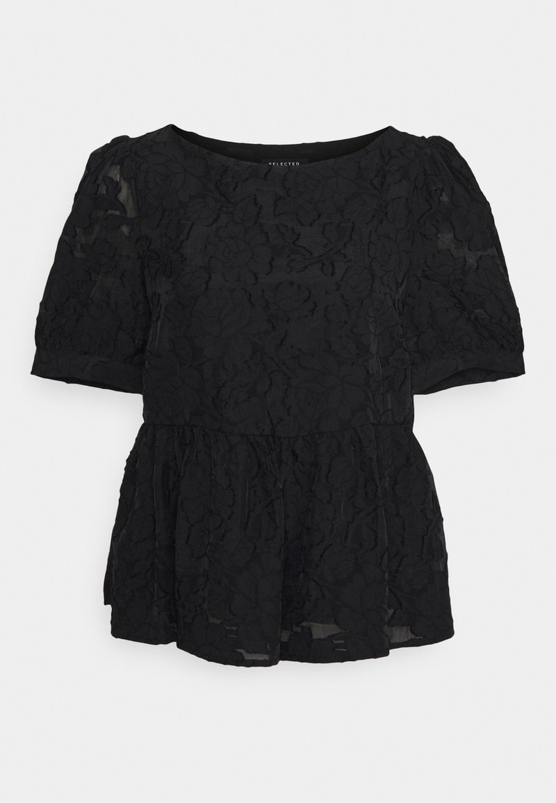 Czarny krótki top z rękawami, ozdobiony koronkowym wzorem w kwiaty, okrągłym dekoltem i rozkloszowanym fasonem peplum. Miękka faktura z przezroczystymi bufkami na rękawach.
