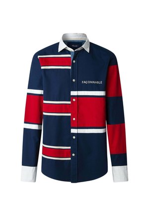 Blauwe en rode gestreepte shirt met witte accenten, knoopsluiting en een witte kraag. Bevat het "FAÇONNABLE" logo aan de voorkant.