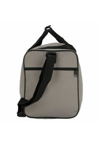 Grau isolierte Tasche mit rechteckiger Form, schwarzem Reißverschluss und abnehmbarem Schultergurt. Glatte Außenseite mit strukturiertem Finish.