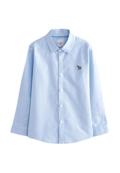 Cămașă butonată de culoare albastru deschis, cu mâneci lungi, fabricată din bumbac. Prezintă un mic model brodat cu o zebră pe piept. Textură netedă.