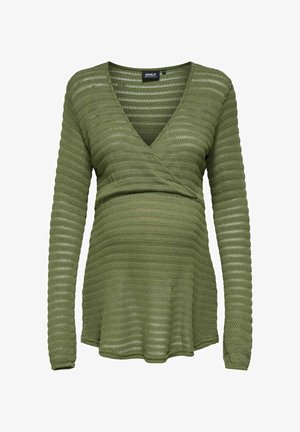 Olīvzaļš garām piedurknēm tops ar V veida izgriezumu, kas aprīkots ar krustveida apņemšanas dizainu un teksturētu svītru rakstu visā virsmā. Mīksta, viegla auduma.