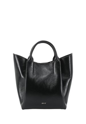 Black leather tote bag with short handles and slightly expanded sides, featuring small silver "abro" logo on front.