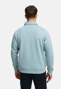 Lyseblå sweatshirt med en høj, tæt krave og ribbet kant. Bagfra ses det bløde, strukturerede stof og syningens detaljer.