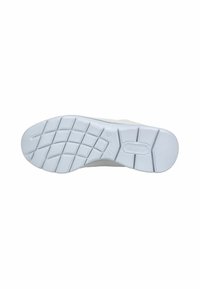 Weiße Sneaker-Sohle mit einem strukturierten Gummimuster, das eine abgerundete Form und ein Logodetail in der Mitte aufweist. Geeignet für die Freizeit.