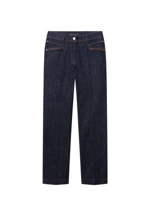 Dunkelblaue gerade geschnittene Jeans mit Fronttaschen, Gürtelschlaufen und einer Knopfverschluss, versehen mit orangen Zierstichen.