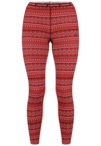 Rote Leggings mit geometrischen Mustern in Weiß und dunkleren Farbtönen, ausgestattet mit einem breiten Bund. Hergestellt aus dehnbarem Material.