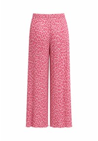 Pantalon taille haute à jambes larges avec motif léopard rose et blanc et texture plissée, avec un ourlet droit.