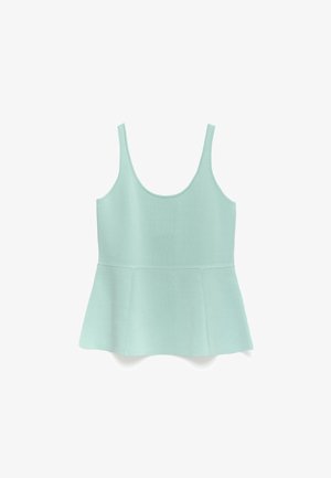 Mintgroene gebreide tanktop met spaghettibandjes, uitlopende zoom en textuurstof. Heeft een aansluitende lijfje dat overgaat in een peplumvorm.