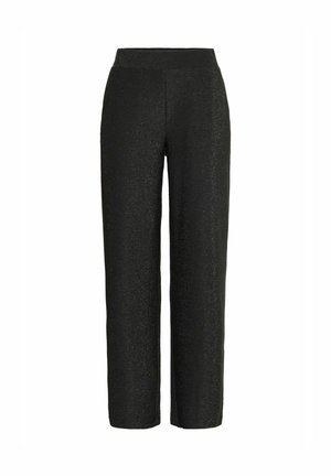 Schwarze, metallische Hosen mit geradem Bein und elastischem Bund. Der Stoff hat eine subtile, schimmernde Textur.