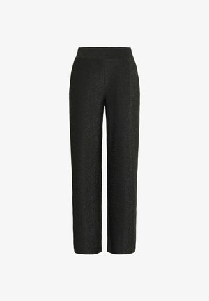 Czarne, metaliczne spodnie o prostym kroju nogawki i elastycznej talii. Tkanina ma subtelną, błyszczącą teksturę w całej powierzchni.