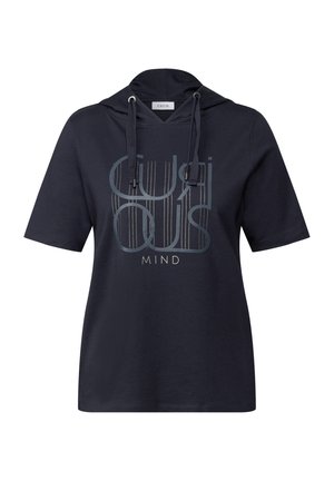 Navy blue short-sleeve hoodie made of cotton with "CURIOUS MIND" graphic in light gray, featuring a drawstring neckline and relaxed fit.