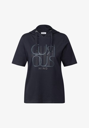 Hoodie blu navy a maniche corte in cotone con grafica "CURIOUS MIND" in grigio chiaro, dotato di collo con cordoncino e vestibilità rilassata.