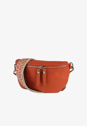 Oranje taillezak van getextureerd leer met dubbele rits en een brede beige band met een oranje geometrisch patroon.