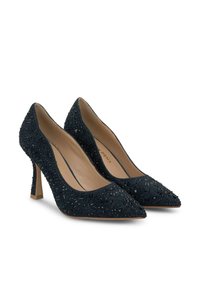 Scarpe con tacco alto di colore blu navy con punta affusolata, caratterizzate da una superficie текстurizzata decorata con scintillii e un tacco snello ed elegante.