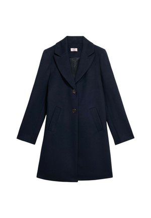 Marineblauer Wollmantel mit tailliertem Design, Reverskragen, drei Knöpfen und zwei vorderen Taschen. Glatte Innenfutter und knielanger Schnitt.
