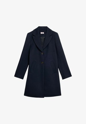 Marineblauer Wollmantel mit tailliertem Design, Reverskragen, drei Knöpfen und zwei vorderen Taschen. Glatte Innenfutter und knielanger Schnitt.