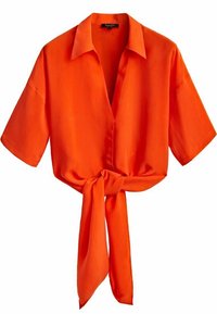 Blouse à manches courtes, orange vif, dotée d'un design noué à l'avant, avec col et texture lisse, réalisée en tissu léger.